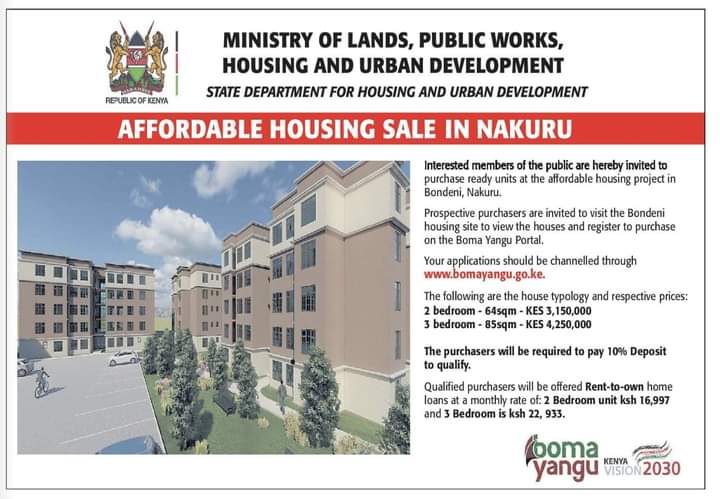 The Ministry of Lands and Housing has invited members of the public to purchase ready units constructed under the government’s affordable housing project in Bondeni, Nakuru County.