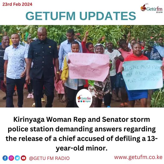 Kirinyaga Woman Rep and Senator storm police station demanding answers regarding the release of a chief accused of defiling a 13-year-old minor.