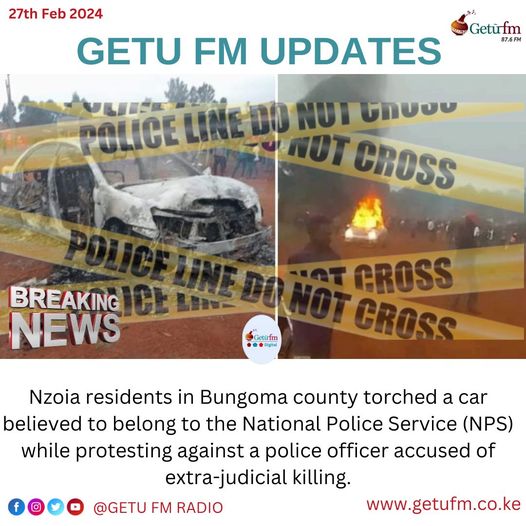 Nzoia residents in Bungoma Burnt A Car Believed To Belong To The National Police Service